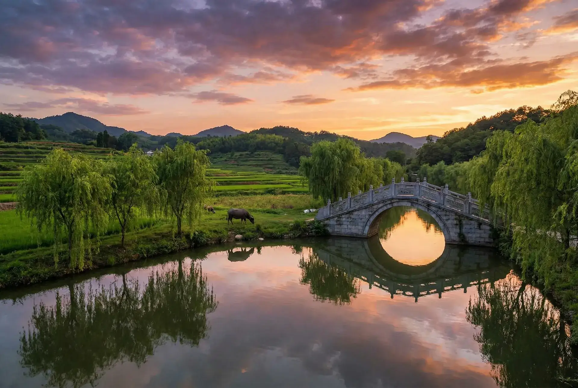 夕阳下的石拱桥与垂柳，水牛在河边吃草 - 英雄联盟鱼人出装 乡村美景
